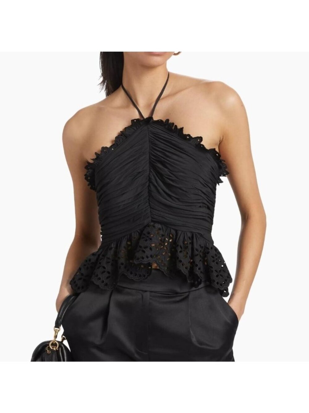 RAMY BROOK - S/P Michelle Eyelet Peplum Halter Top Womens Black Sleeveless‎ $365